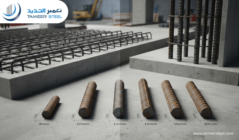 ما هو مقاس قضبان حديد التسليح المستخدمة في البلاطات والأعمدة؟